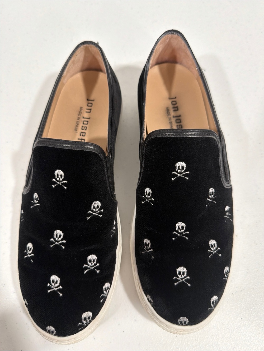 Jon Josef Woman’s Black Velvet Skull Slip-On Sneakers. Made in Spain
